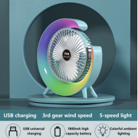 Мини настолен вентилатор с многоцветно осветление, RGB LED, USB, презареждащ се